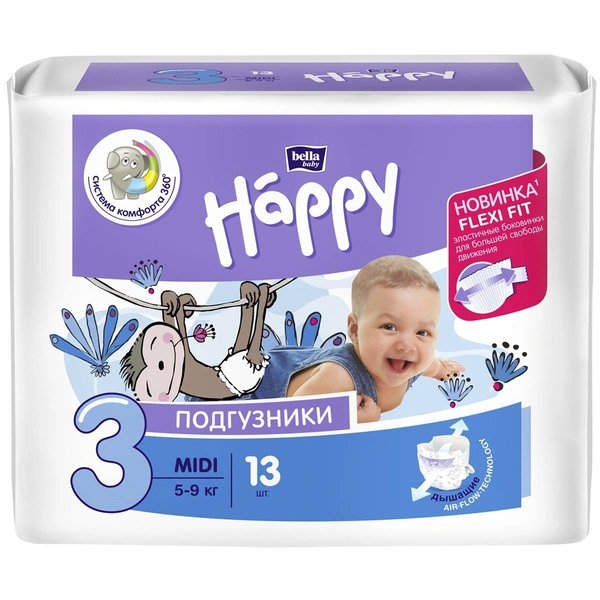Подгузники для детей Белла Happy midi 5-9 кг №13 (Польша)