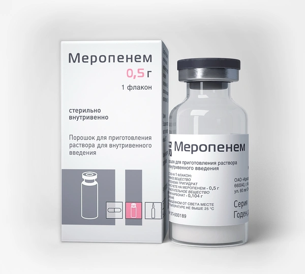 Меропенем порошок для приготовления раствора для внутривенного введения 0,5 г (Россия)